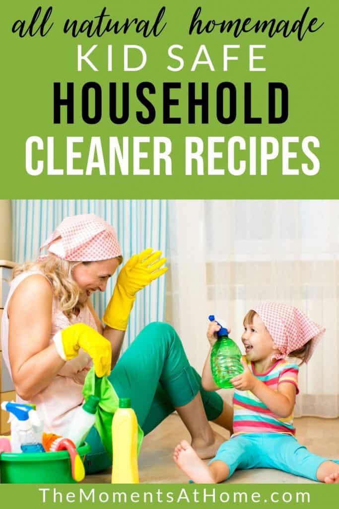 mom and toddler wearing cleaning gloves and laughing while spraying each other with all natural chemical free kid safe cleaner DIY homemade by The Moments At Home