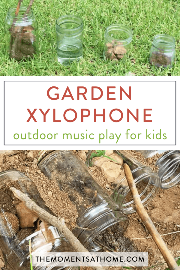 DIY garden xylophone mason jar music activity for kids with sticks playing them and text overlay "garden xylophone: outdoor music play for kids"