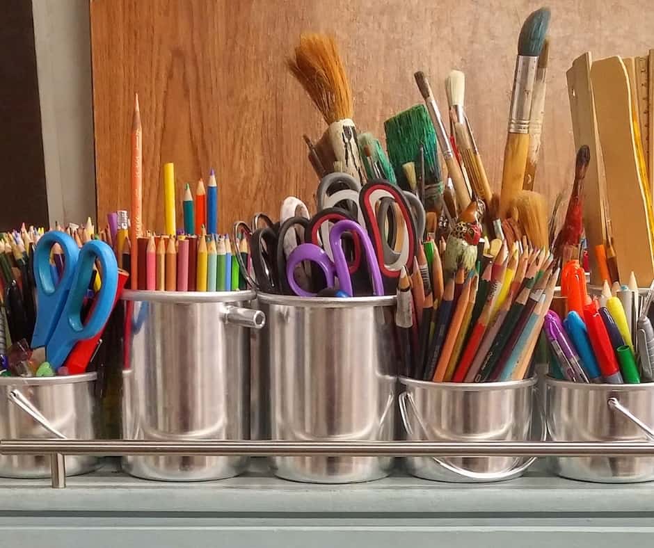 kids art supplies on a desk