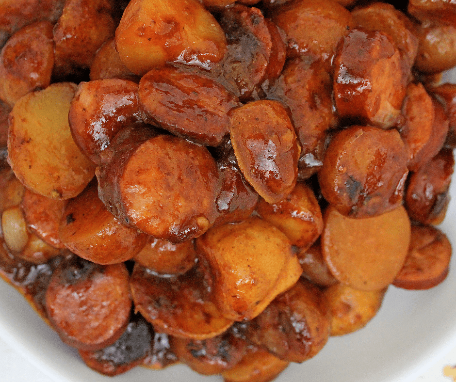 close up photo of bbq smoked sausage and veggies