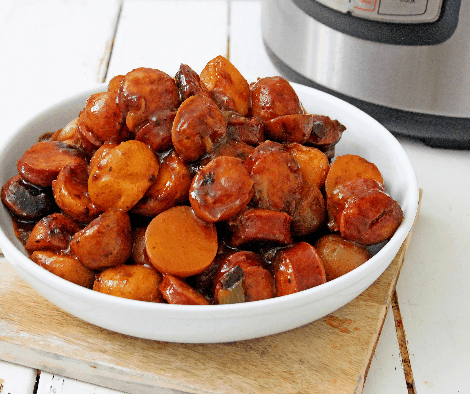 delicious bowl of sausage and potatoes cooked in the pressure cooker