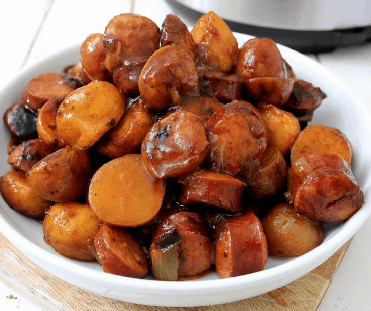 bowl of smoked sausage and potatoes