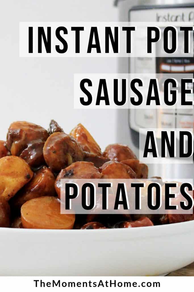 Instant Pot with bowl of sausage and potatoes covered in smoky BBQ sauce
