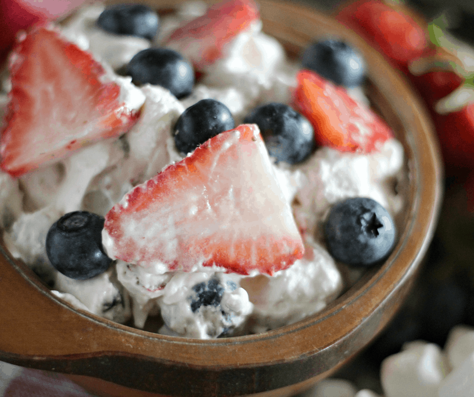 white chocolate 4th of july fluff in a bowl 