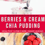 berries and cream chia pudding with almond milk words with photos of chia pudding cups and bite