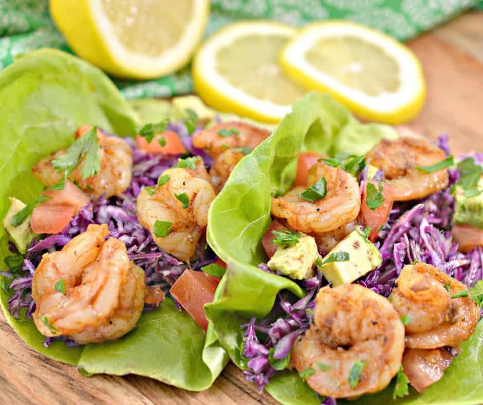 shrimp tacos with cabbage slaw in keto lettuce boats