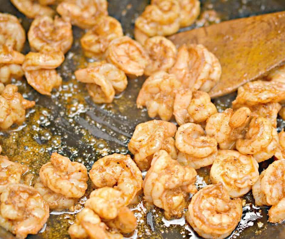 cooking shrimp for tacos in cast iron skillet