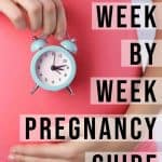 little alarm clock in front of pregnant belly with text "week by week pregnancy guide" by the Moments At Home