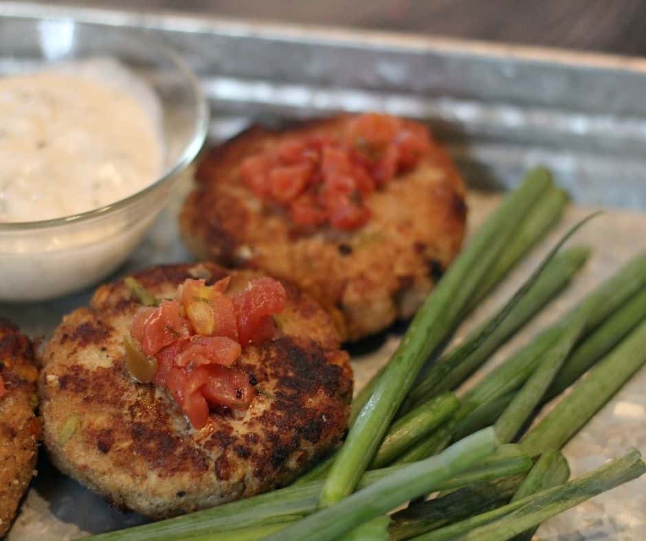Spicy Chili Keto Salmon Patties on a plate with green beans