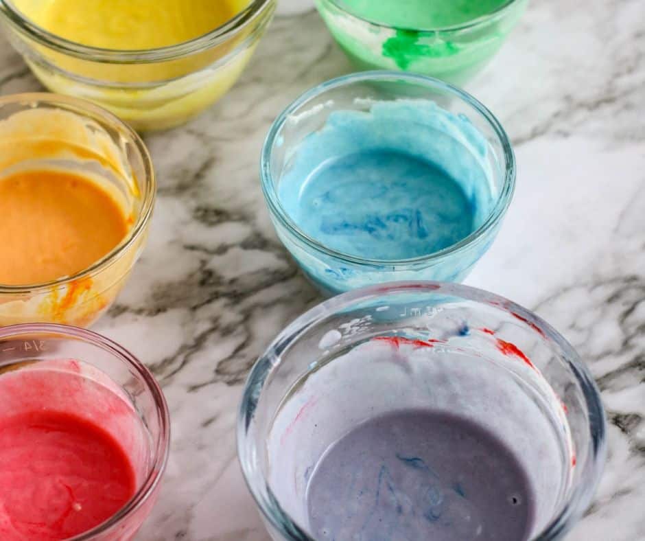 dying the pancake batter with rainbow colors 