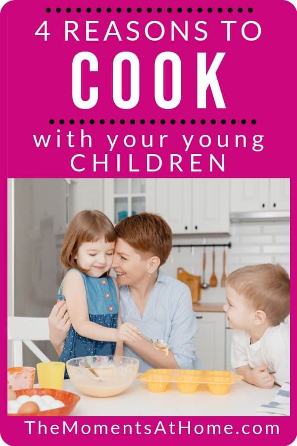 Mom cooking in kitchen with son and daughter with text cook with your children