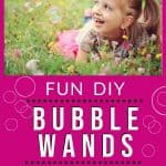 girl in field of flowers looking at bubbles with text "DIY Bubble Wands for kids" by The Moments At Home