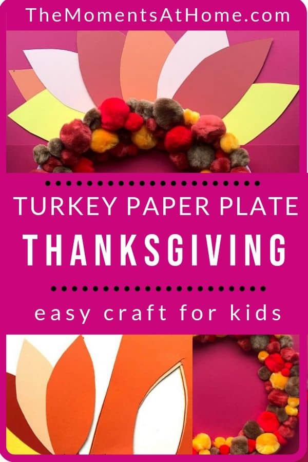 instructional photos for easy kids paper plate craft of turkey and pom pom wreath