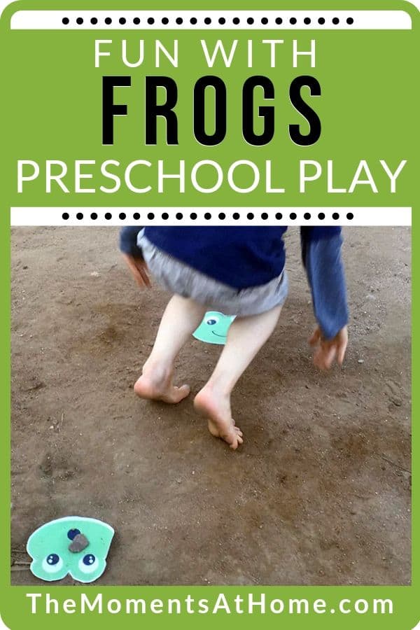 photo of paper craft frog and child playing leap frog with text "gross motor skills: frog fun activity" by The Moments At Home