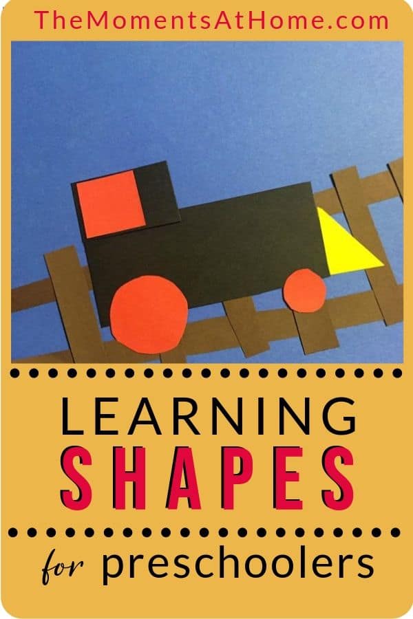 construction paper train project with text "learning shapes for preschoolers" by The Moments At Home