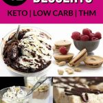 Pinterest image with four keto desserts and text: more than 12 delicious desserts you need to try, keto|low carb|THM