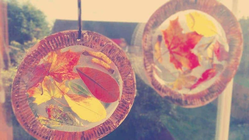 sun catchers made out of ironed wax paper and leaves with a paper plate crafted frame