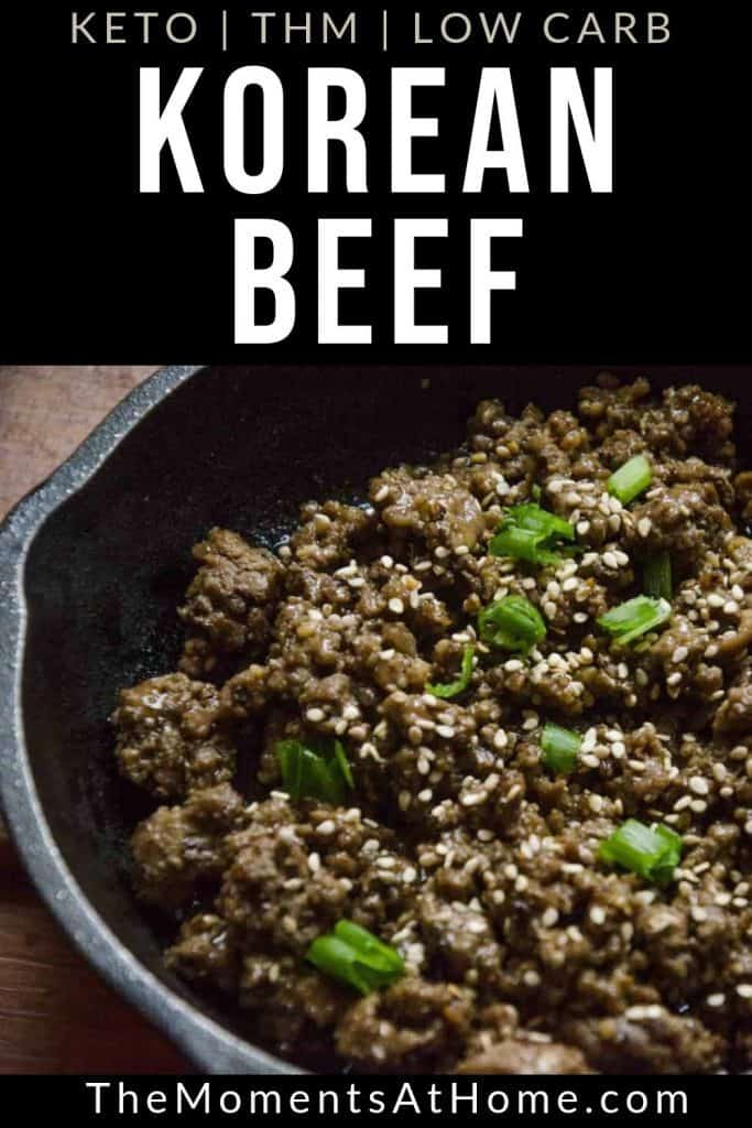 cast iron skillet with beef and sesame seeds and text "Korean beef bulgogi" by The Moments At Home