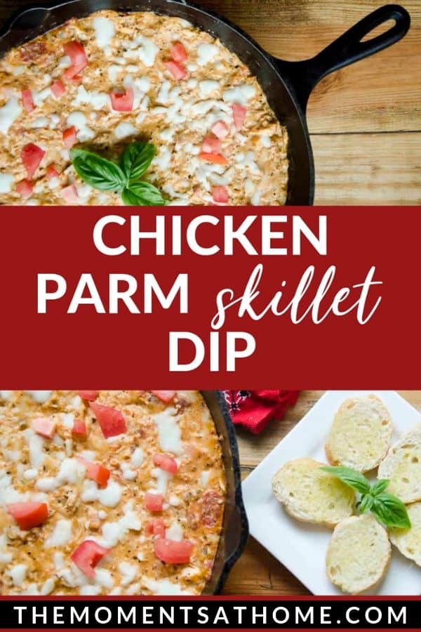 melted cheese and chicken dip in a skillet with text chicken parm skillet dip by The Moments At Home