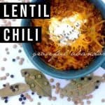 Chili topped with sour cream and cheese with lentils on plate for decor and text "quinoa lentil chili" by The Moments At Home