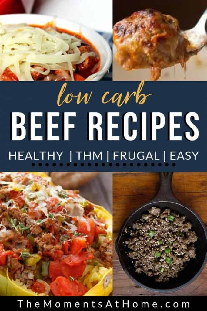 beef stuffed squash, keto beef bulgogi, low carb lasagna, and diabetic friendly meatballs with text "24 low carb beef recipes" from The Moments At Home