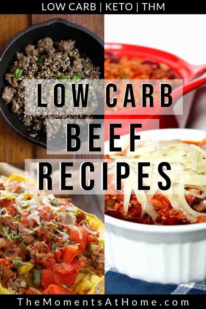 sugar free Korean beef, stuffed beef spaghetti squash. and cheesy beef Italian casserole with text "the best low carb ground beef recipe collection" by The Moments At Home