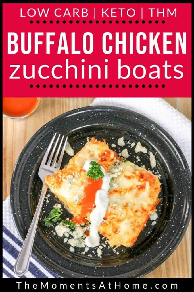 buffalo chicken stuffed zucchini boat recipe Pinterest image by The Moments At Home