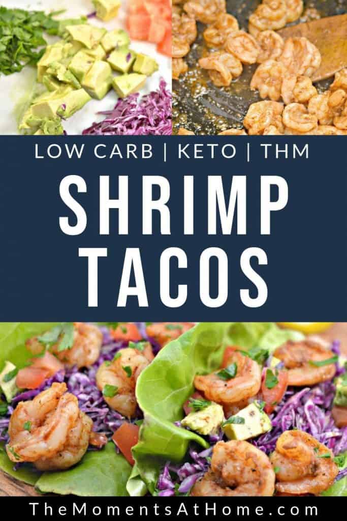 picture of ingredients for Caribbean keto shrimp tacos with text "Low carb, keto, THM Shrimp Tacos" by The Moments At Home