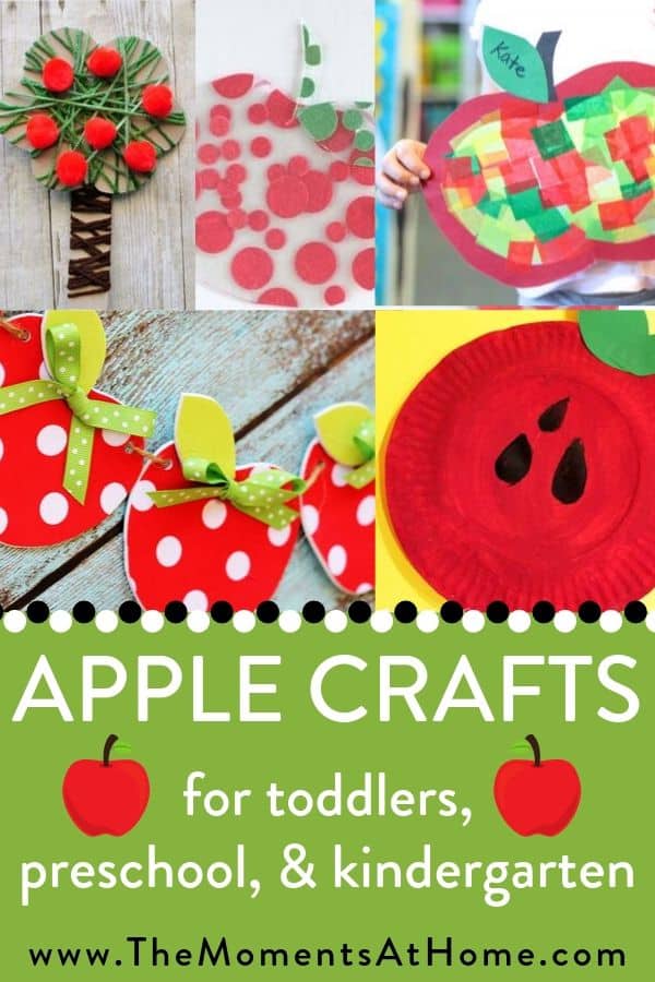 Apple collage with text "apple crafts for toddler, preschool, kindergarten" by The Moments At Home