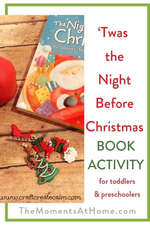 kids Christmas craft using holiday buttons and play dough with text "Twas the Night Before Christmas book activity" by The Moments At Home