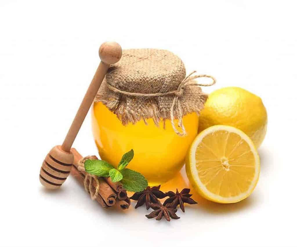 honey pot with lemon, cinnamon, mint leave, and star anise around it