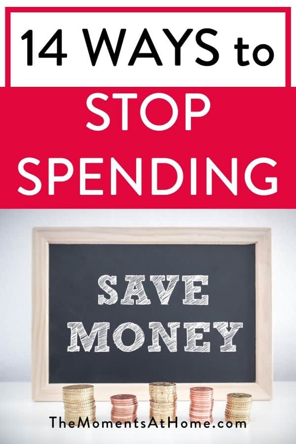 text "14 ways to stop spending and save money" with coins