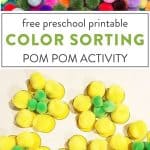 pom poms on a worksheet printable for preschoolers " free preschool printable color sorting Pom Pom activity"