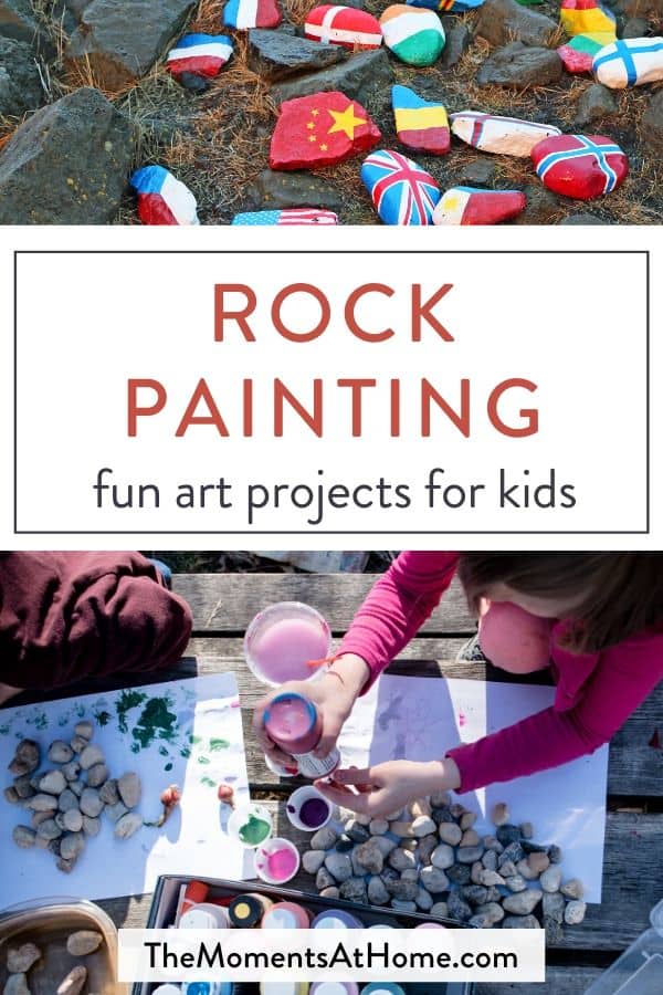 kids painting rocks and text "rock paining: fun art projects for kids"