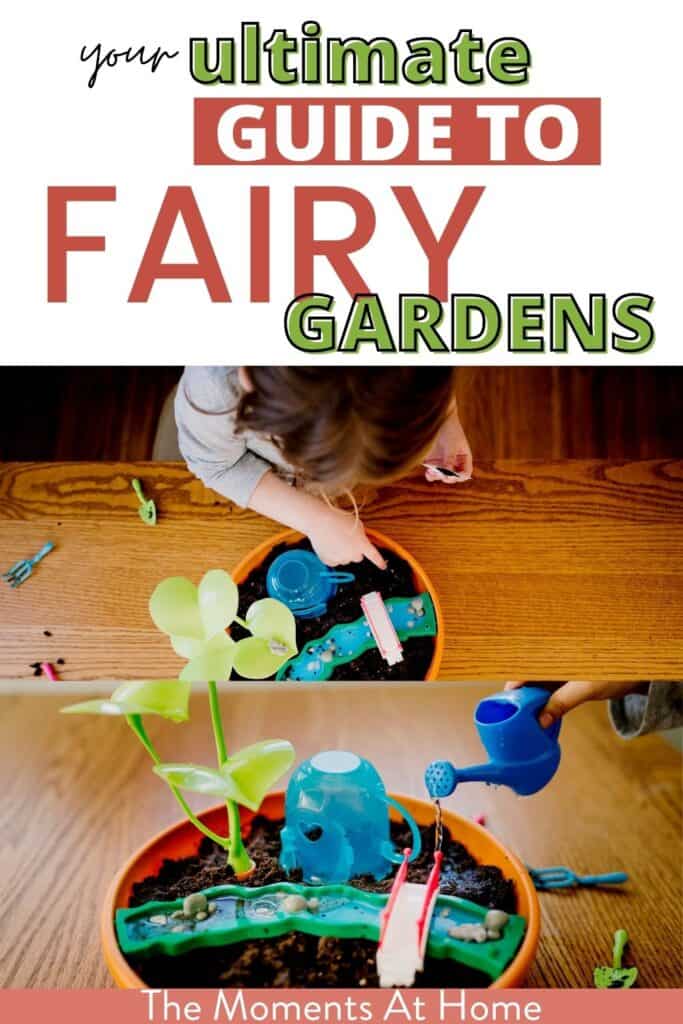 little girl making a miniature fairy garden