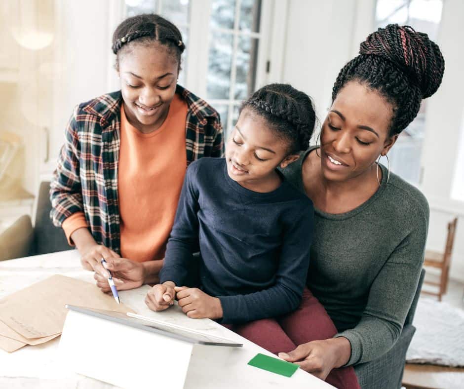 mom talking to kids as they look at daily schedule