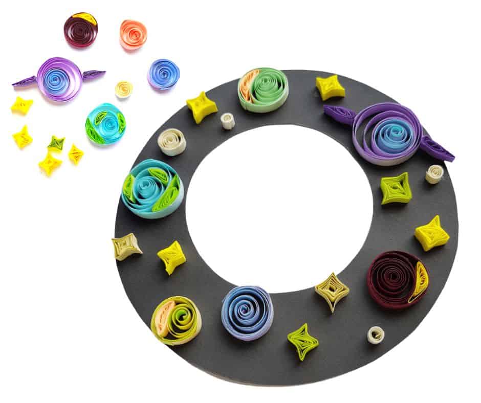 Complete Space Wreath made from quilled paper for solar system crafts