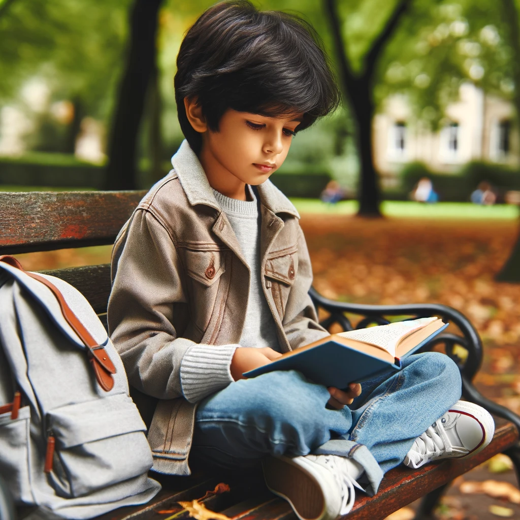 Middle Elementary (Ages 8-10) child reading a book on a park bench