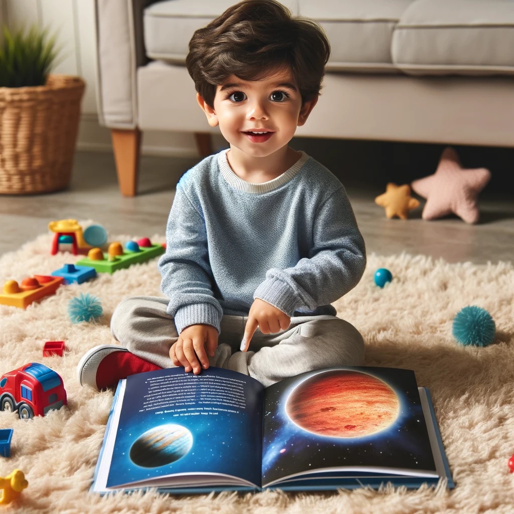Photo of a preschooler with Middle Eastern descent sitting cross-legged on a fluffy carpet, holding an open book about space. The child is smiling and pointing to an image of a planet in the book, with educational toys scattered around them on the carpet.