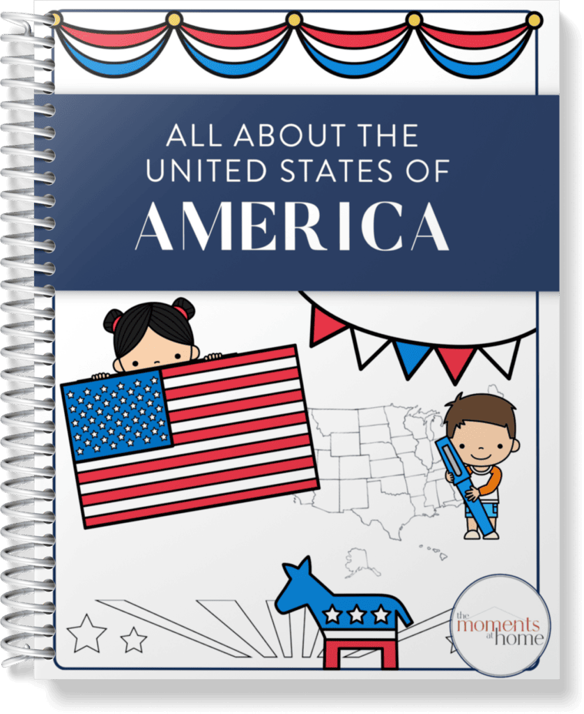 mockup of printed all about America unit study from The Moments At Home shop